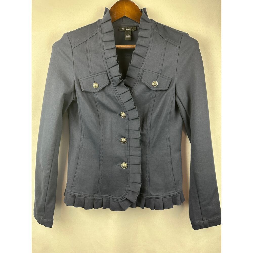 Women’s I.N.C. Navy Blue Military Style Ruffled Jacket size small